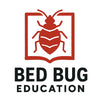 Logo for Bed Bug Education with a red bed bug illustration on a beige background